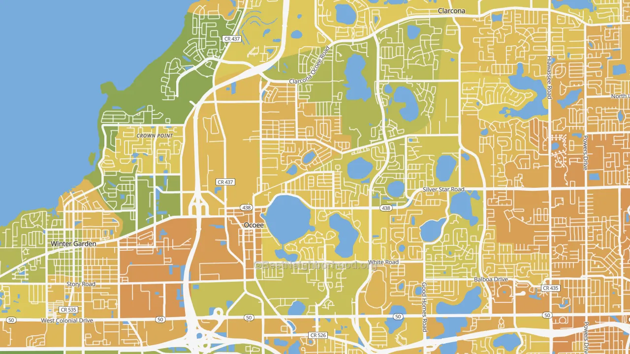 Map of the best neighborhoods in the 34761 area, with better matches in green and worse matches in red