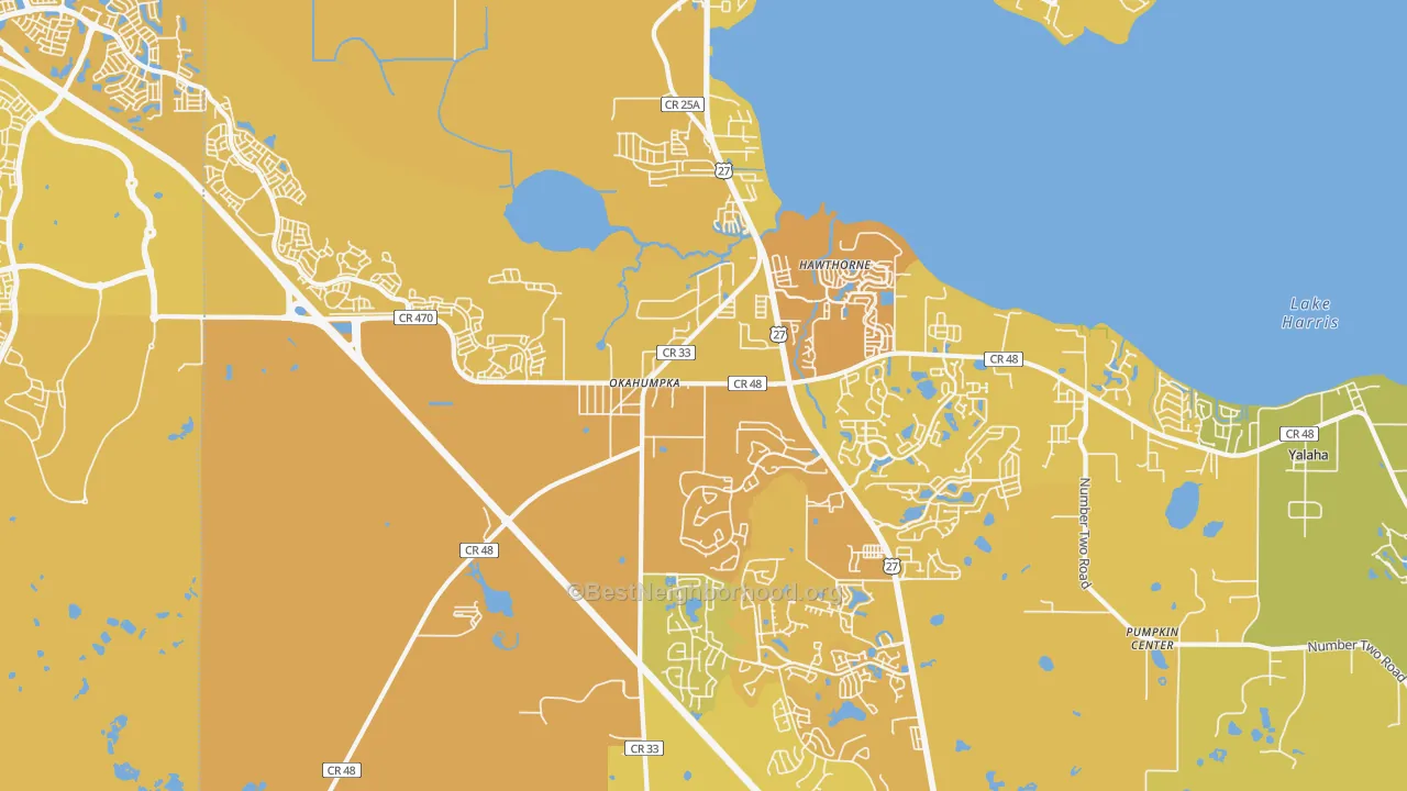 Map of the best neighborhoods in the 34762 area, with better matches in green and worse matches in red