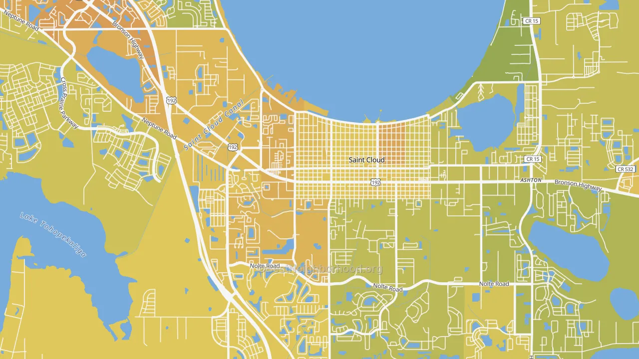 Map of the best neighborhoods in the 34769 area, with better matches in green and worse matches in red