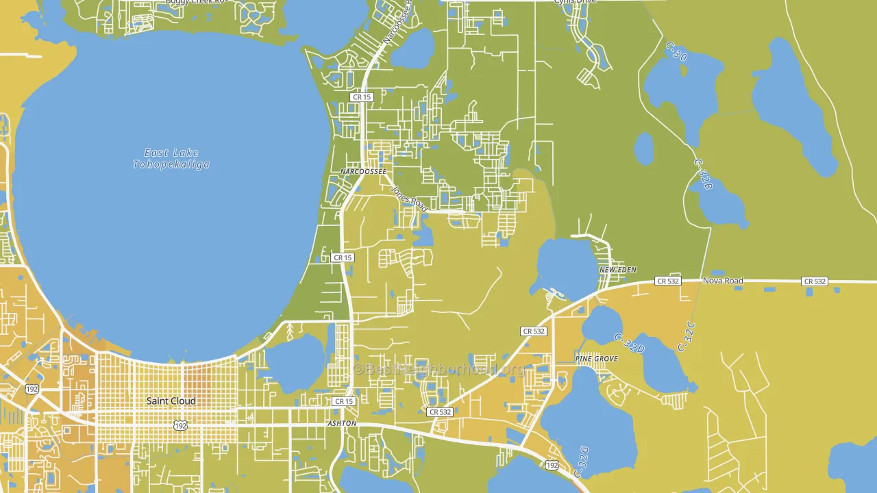 Map of the best neighborhoods in the 34771 area, with better matches in green and worse matches in red