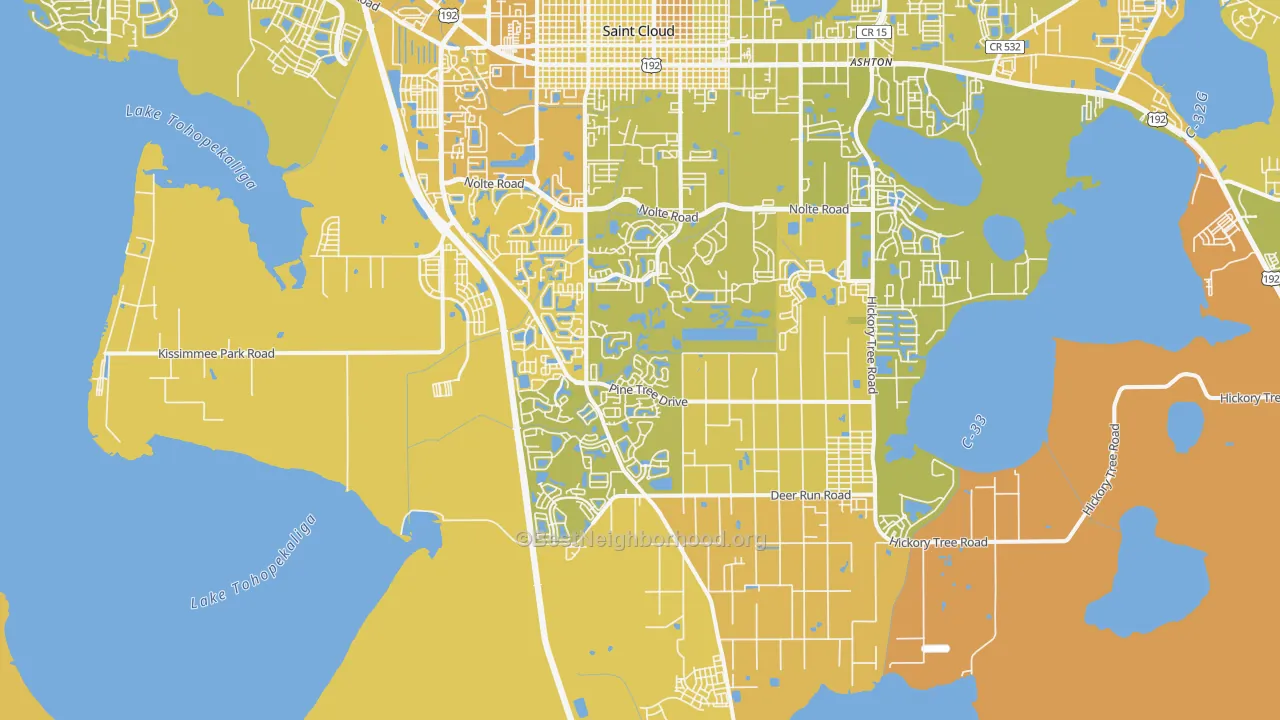 Map of the best neighborhoods in the 34772 area, with better matches in green and worse matches in red