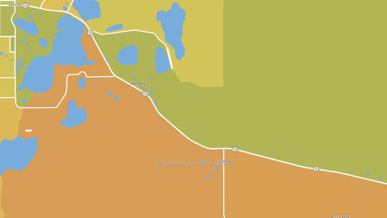 Map of the best neighborhoods in the 34773 area, with better matches in green and worse matches in red