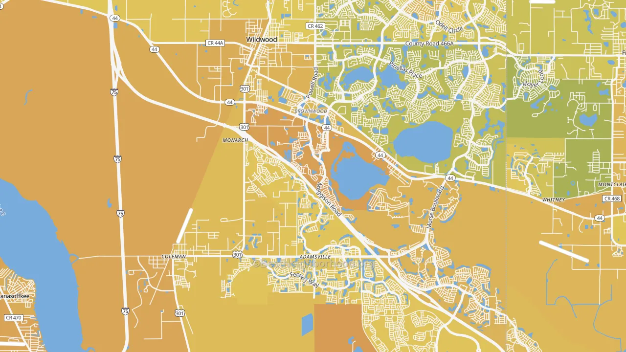 Map of the best neighborhoods in the 34785 area, with better matches in green and worse matches in red
