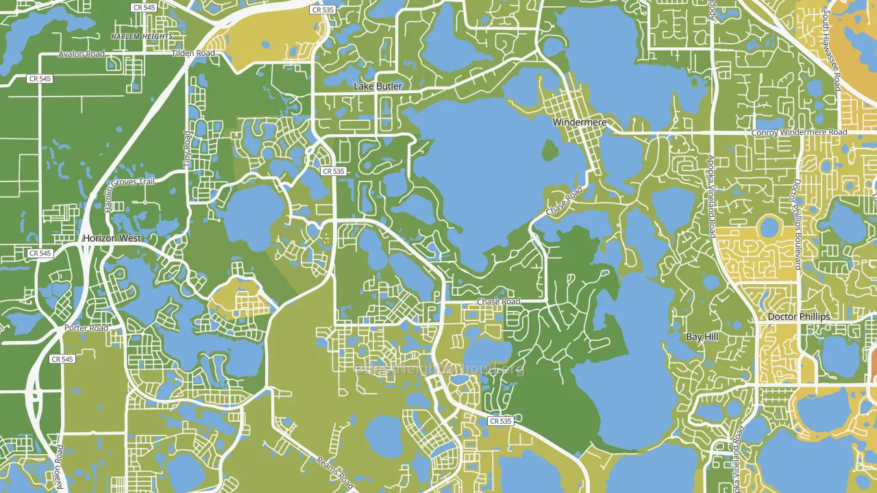 Map of the best neighborhoods in the 34786 area, with better matches in green and worse matches in red