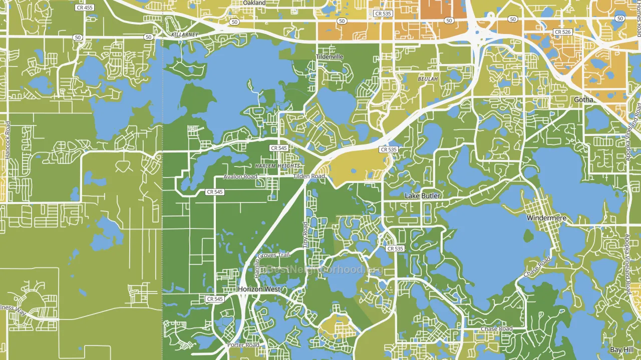 Map of the best neighborhoods in the 34787 area, with better matches in green and worse matches in red