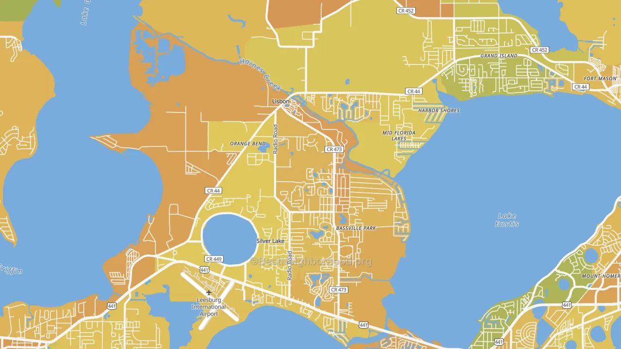 Map of the best neighborhoods in the 34788 area, with better matches in green and worse matches in red