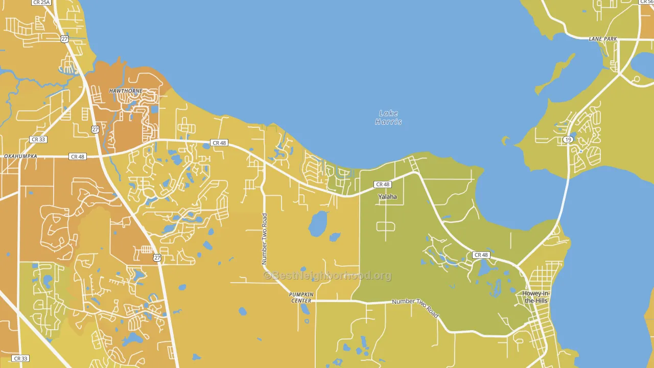 Map of the best neighborhoods in the 34797 area, with better matches in green and worse matches in red