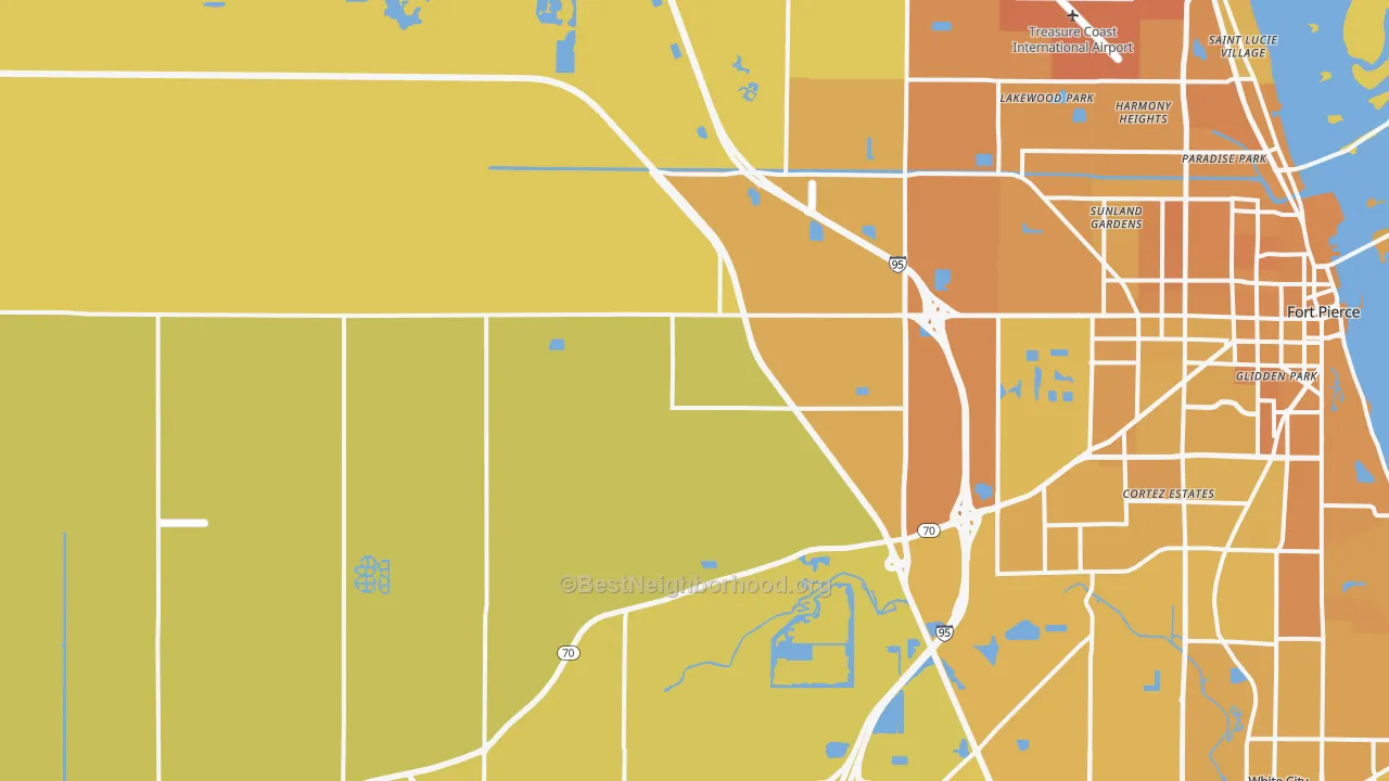 Map of the best neighborhoods in the 34945 area, with better matches in green and worse matches in red