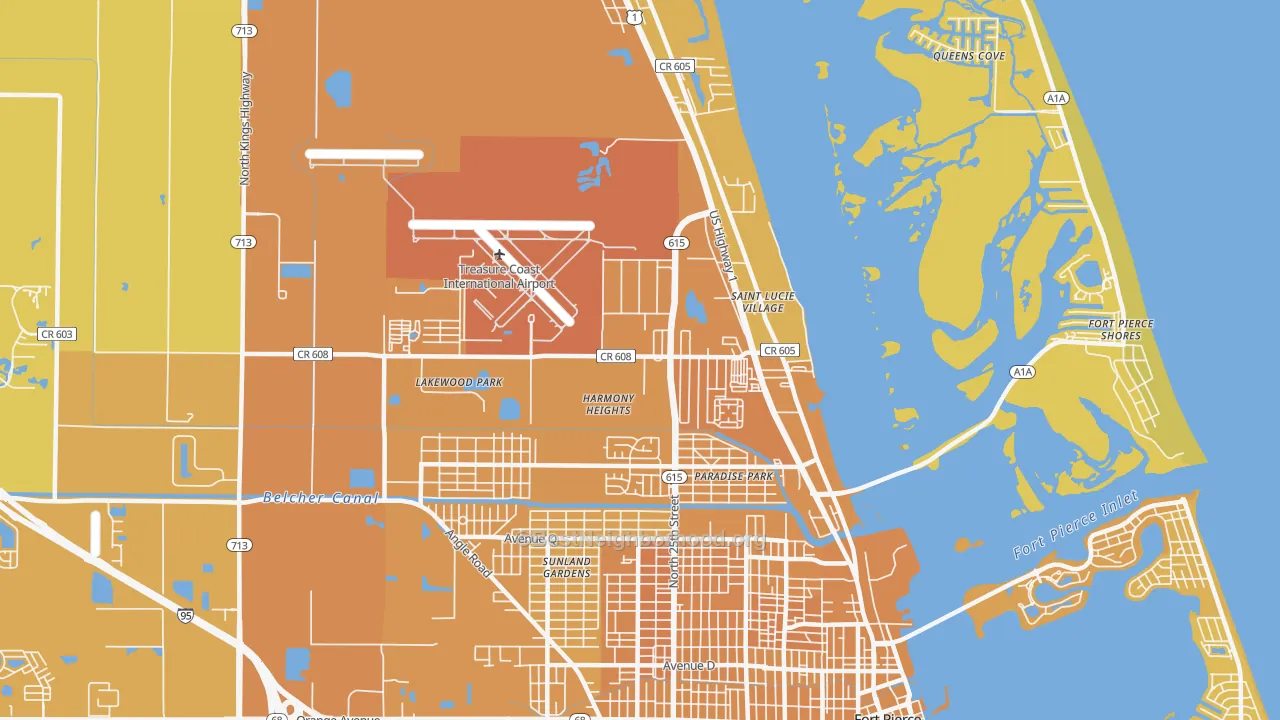 Map of the best neighborhoods in the 34946 area, with better matches in green and worse matches in red