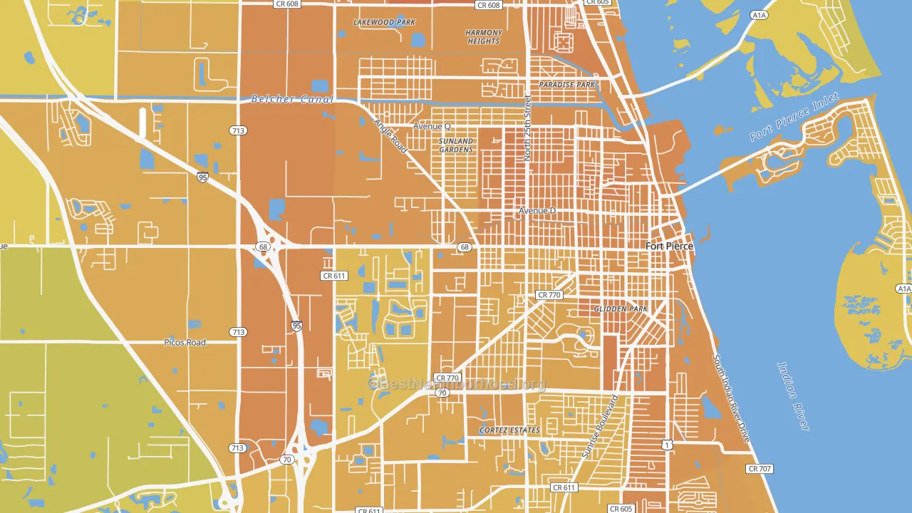 Map of the best neighborhoods in the 34947 area, with better matches in green and worse matches in red