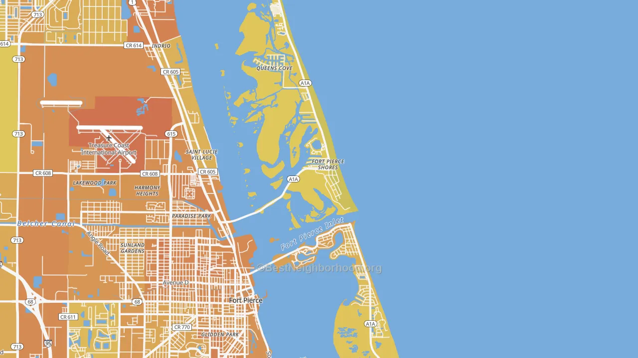 Map of the best neighborhoods in the 34949 area, with better matches in green and worse matches in red