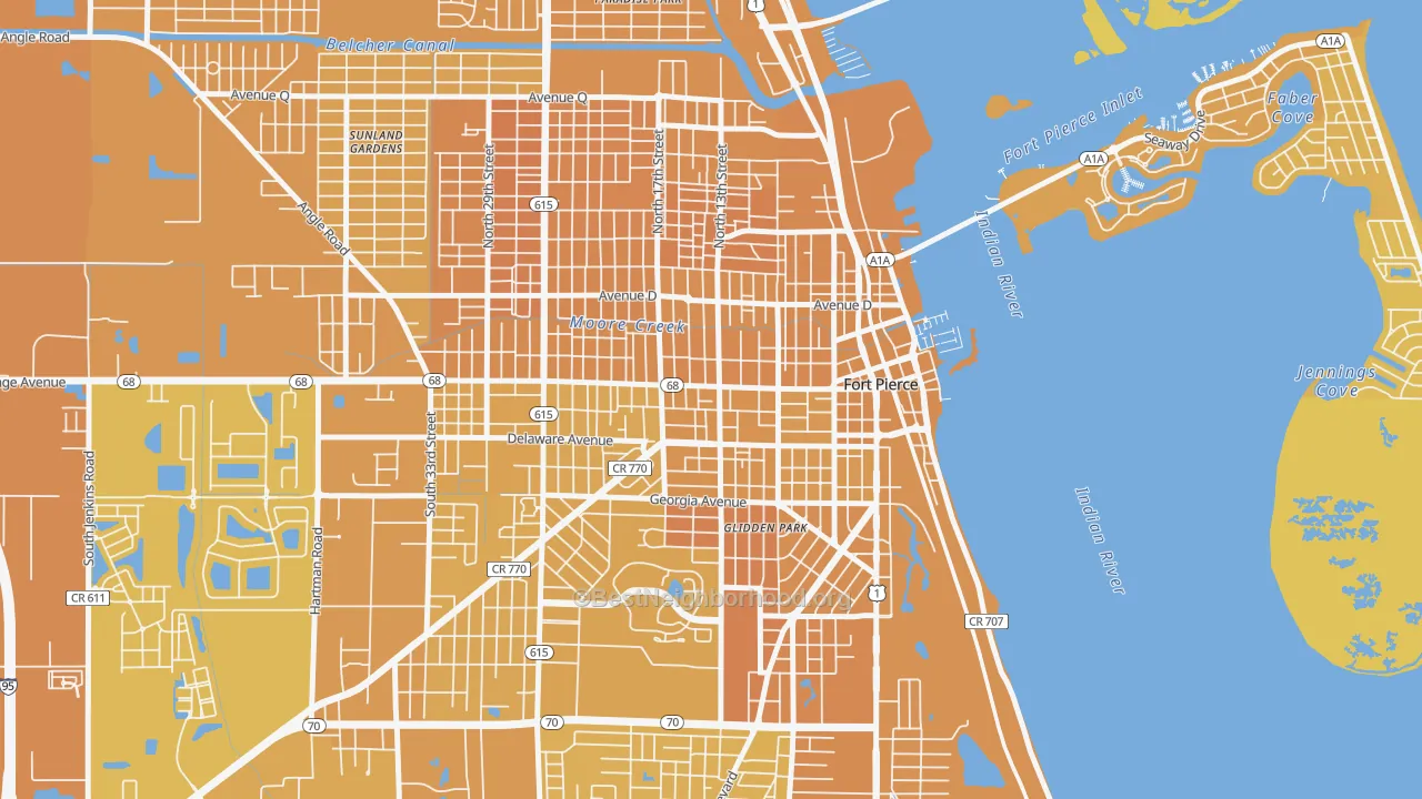 Map of the best neighborhoods in the 34950 area, with better matches in green and worse matches in red