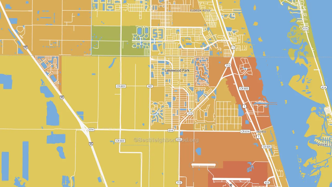 Map of the best neighborhoods in the 34951 area, with better matches in green and worse matches in red