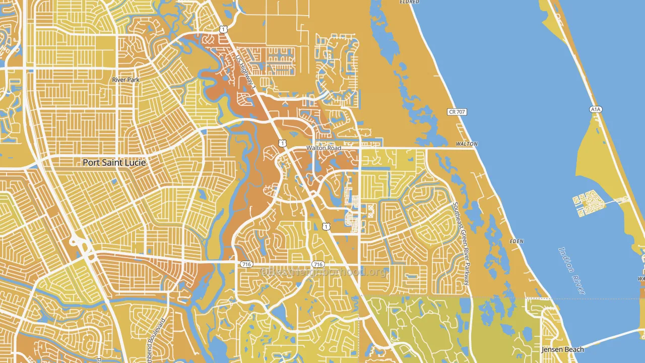 Map of the best neighborhoods in the 34952 area, with better matches in green and worse matches in red
