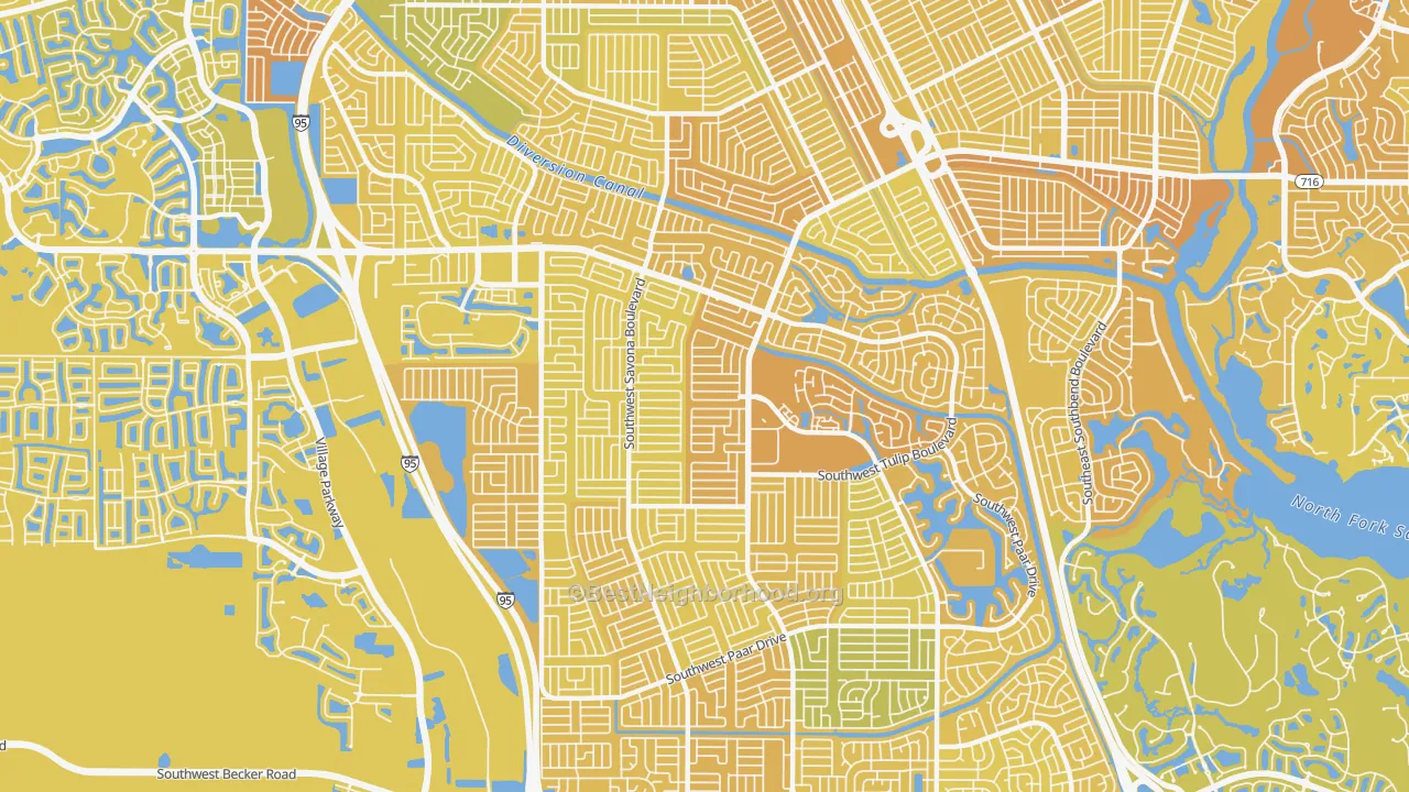 Map of the best neighborhoods in the 34953 area, with better matches in green and worse matches in red
