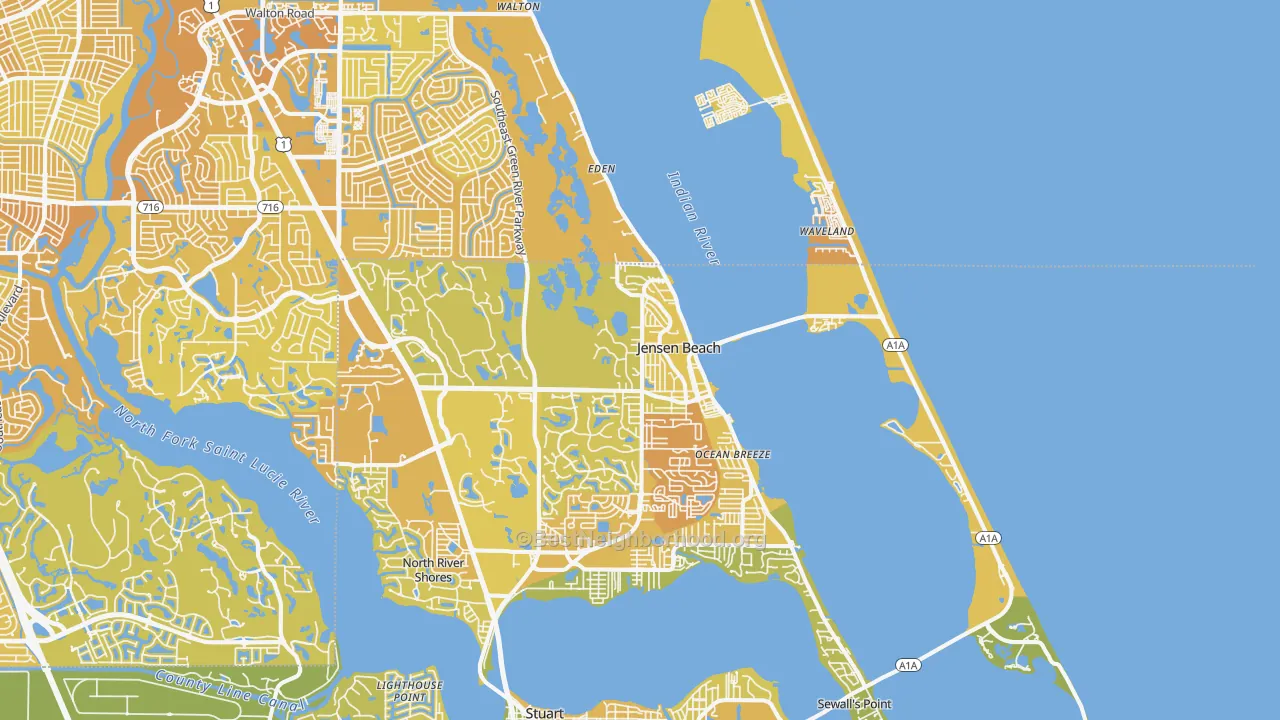 Map of the best neighborhoods in the 34957 area, with better matches in green and worse matches in red