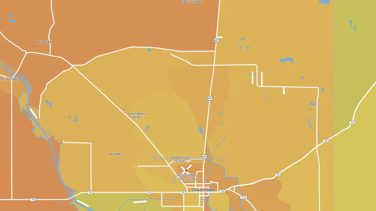 Map of the best neighborhoods in the 34972 area, with better matches in green and worse matches in red