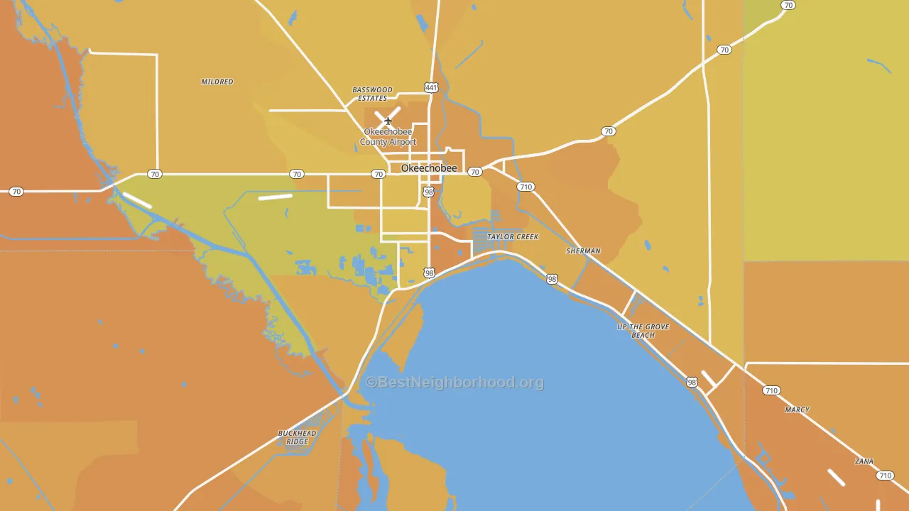 Map of the best neighborhoods in the 34974 area, with better matches in green and worse matches in red