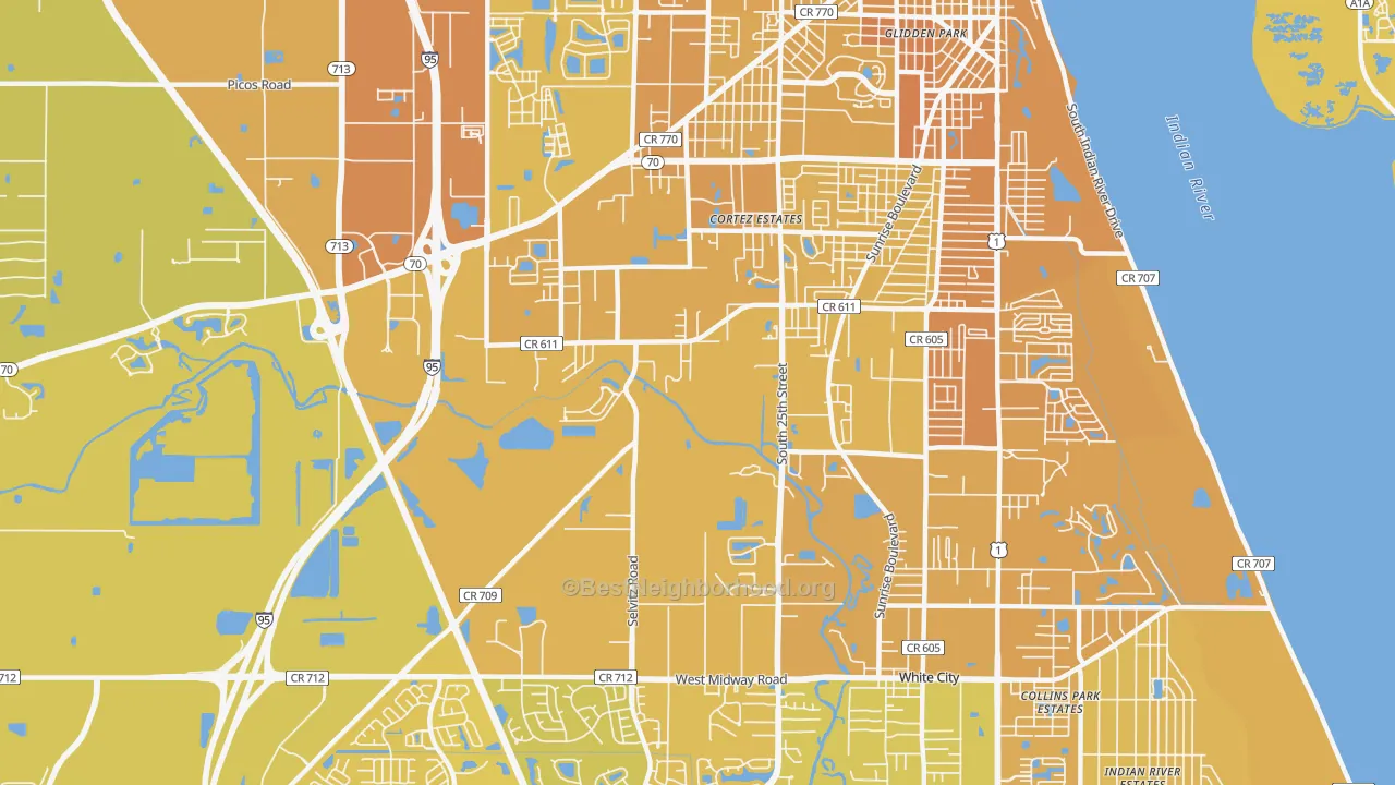 Map of the best neighborhoods in the 34981 area, with better matches in green and worse matches in red