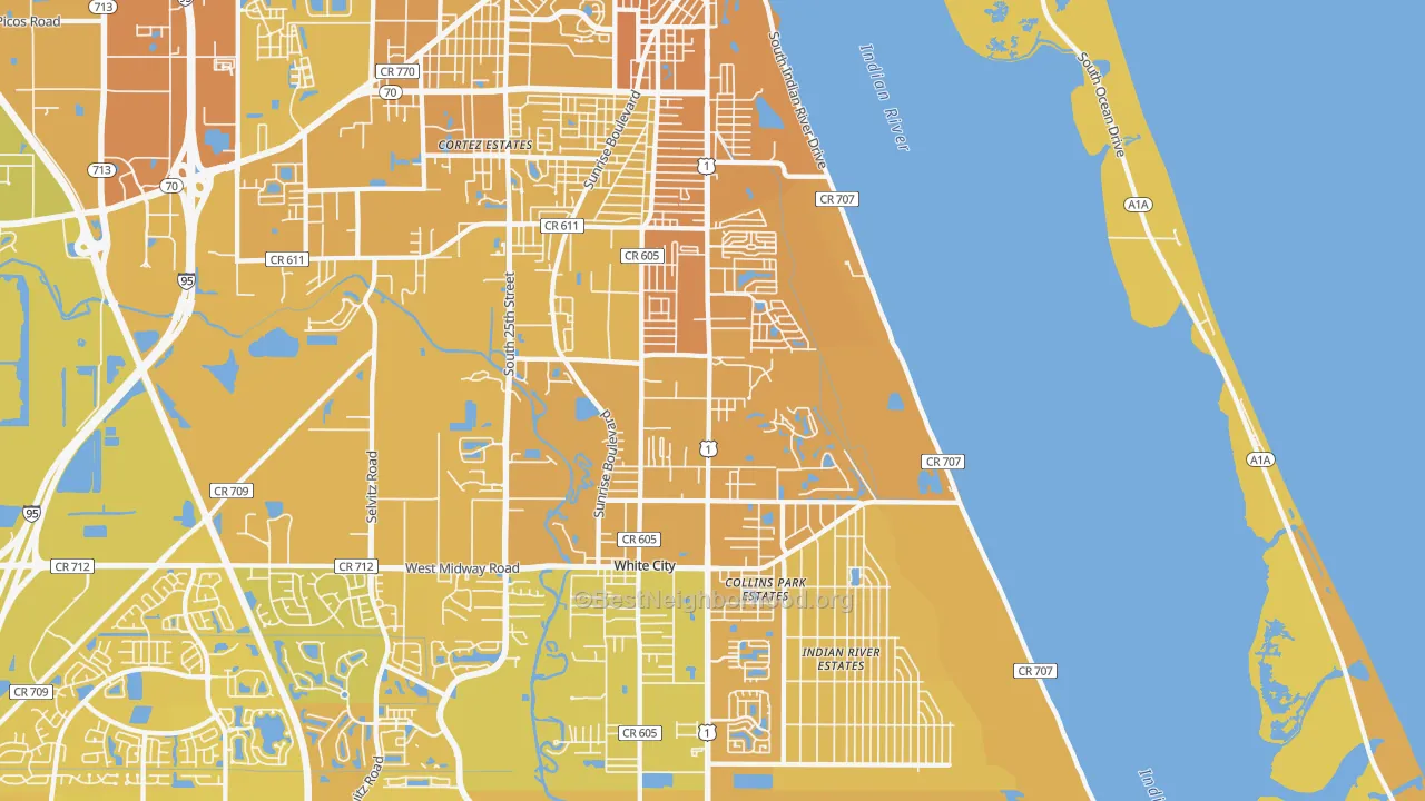 Map of the best neighborhoods in the 34982 area, with better matches in green and worse matches in red