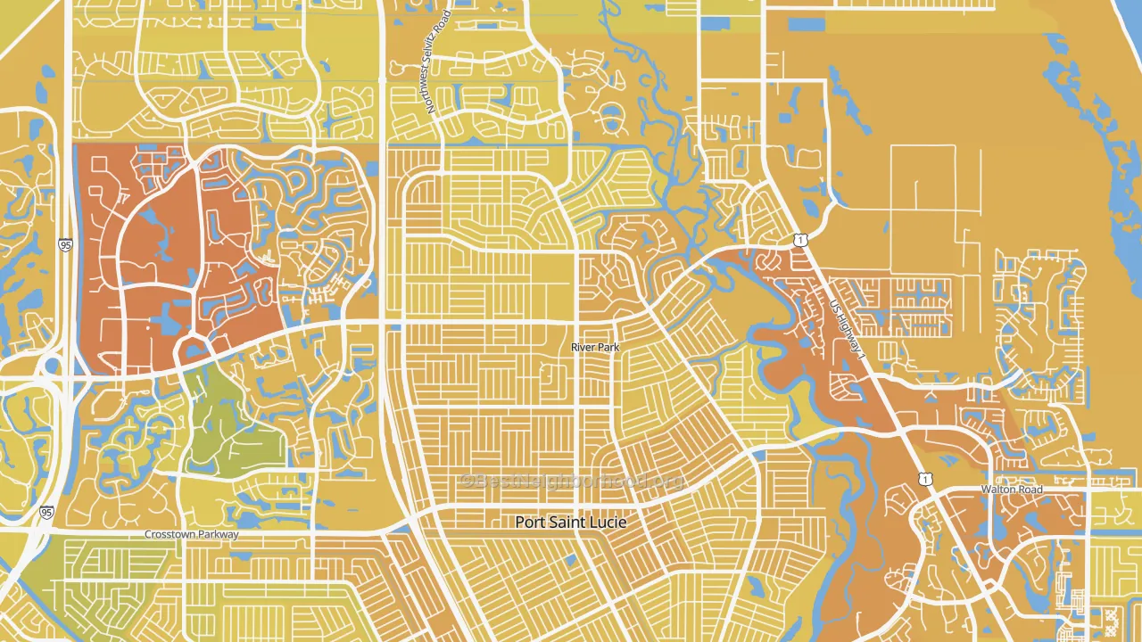 Map of the best neighborhoods in the 34983 area, with better matches in green and worse matches in red