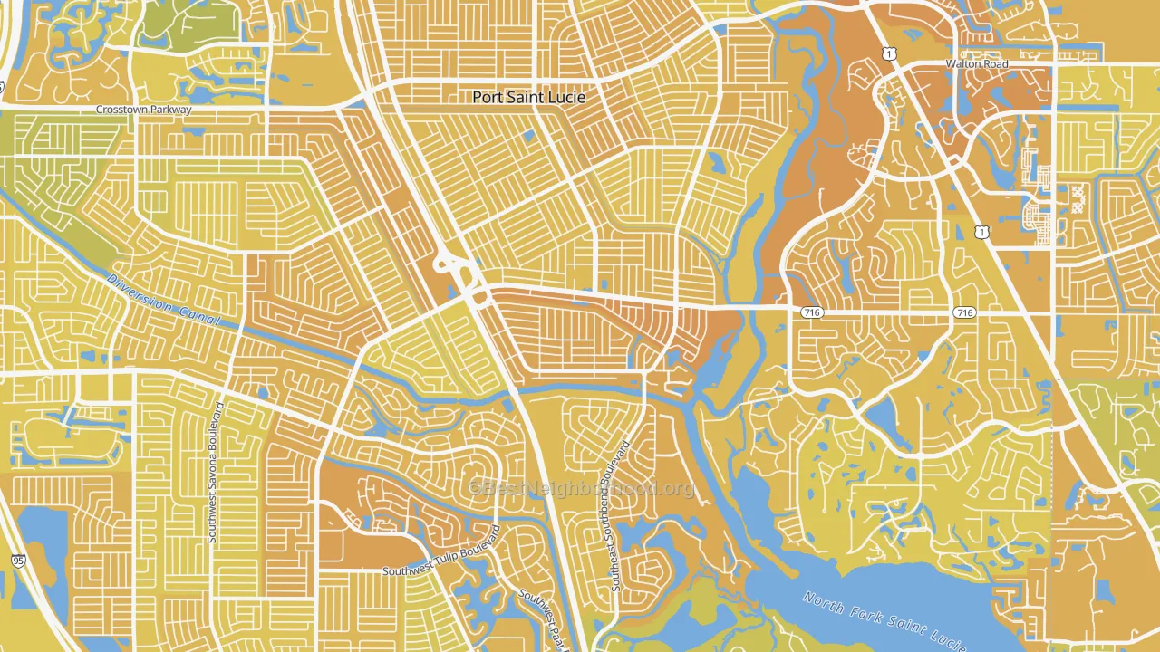 Map of the best neighborhoods in the 34984 area, with better matches in green and worse matches in red