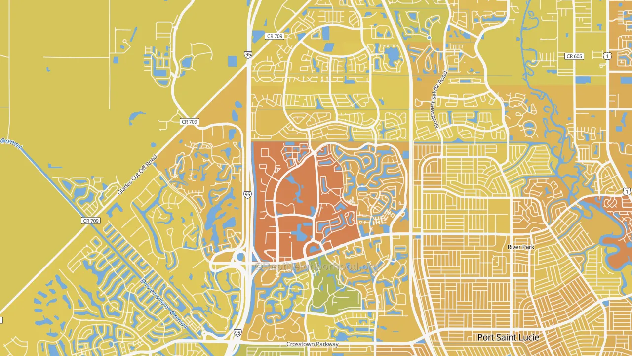 Map of the best neighborhoods in the 34986 area, with better matches in green and worse matches in red
