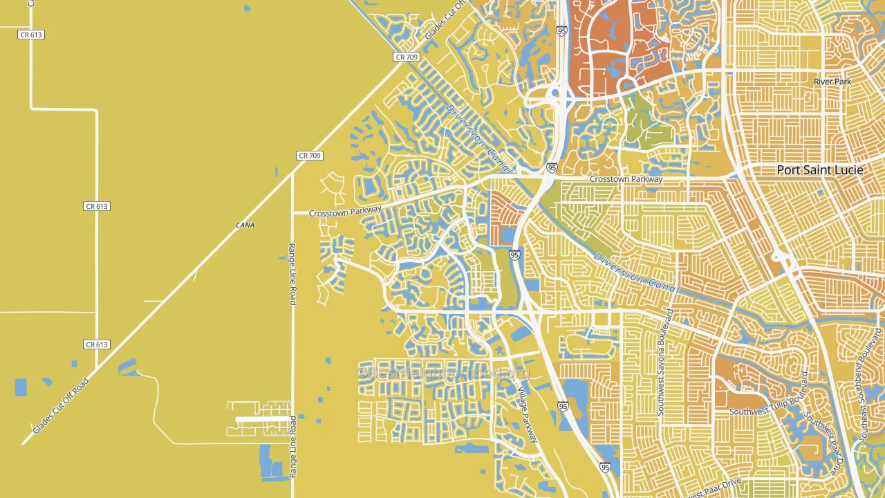 Map of the best neighborhoods in the 34987 area, with better matches in green and worse matches in red