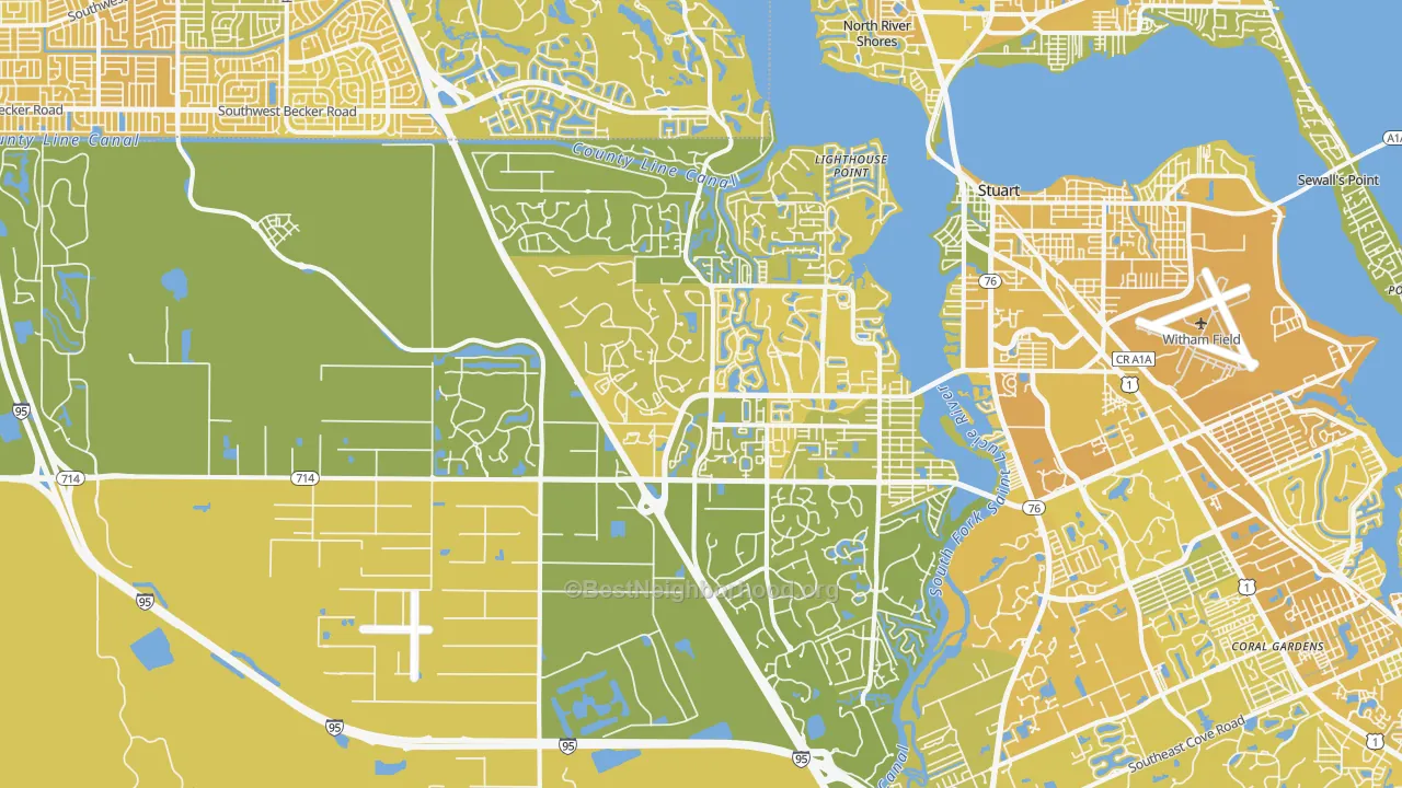 Map of the best neighborhoods in the 34990 area, with better matches in green and worse matches in red