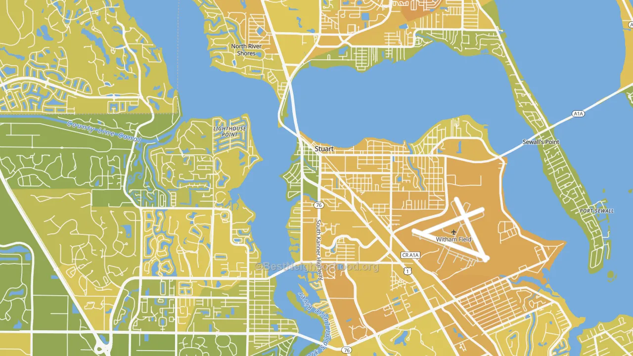 Map of the best neighborhoods in the 34994 area, with better matches in green and worse matches in red