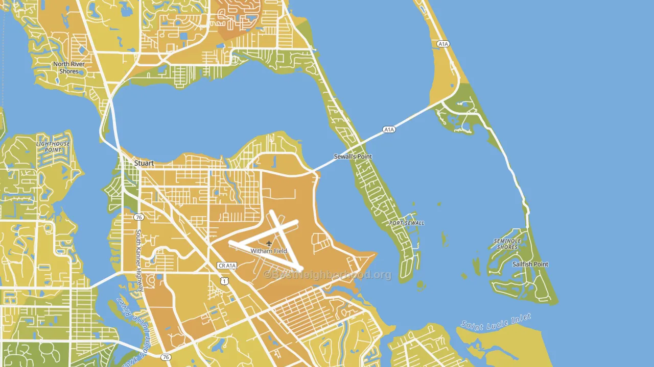 Map of the best neighborhoods in the 34996 area, with better matches in green and worse matches in red