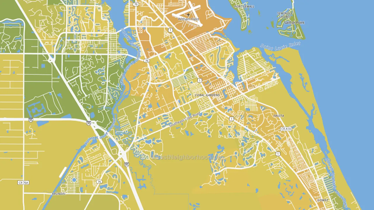 Map of the best neighborhoods in the 34997 area, with better matches in green and worse matches in red