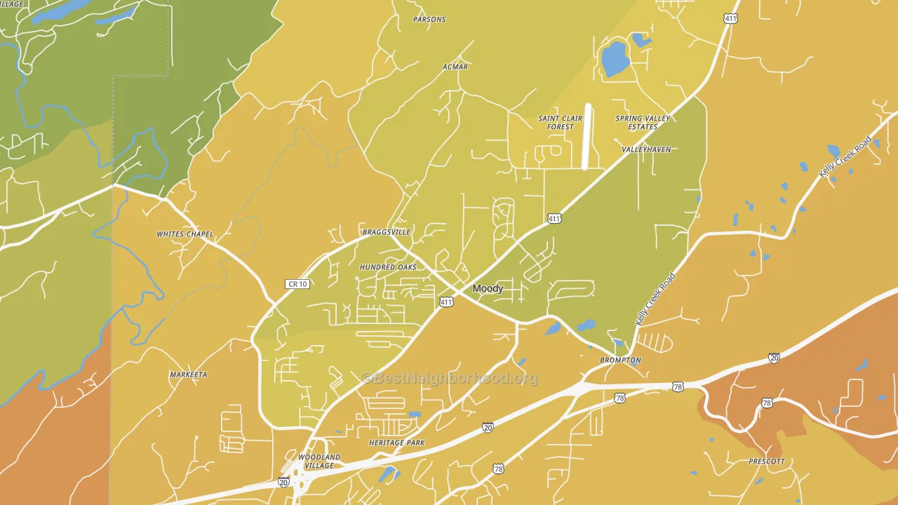 Map of the best neighborhoods in the 35004 area, with better matches in green and worse matches in red