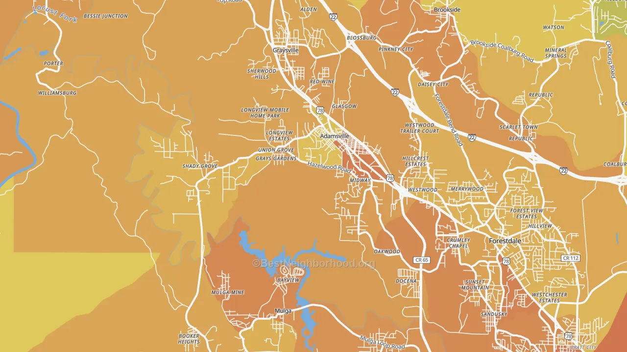 Map of the best neighborhoods in the 35005 area, with better matches in green and worse matches in red