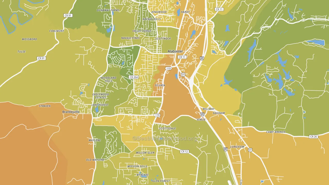 Map of the best neighborhoods in the 35007 area, with better matches in green and worse matches in red