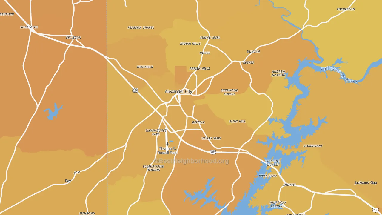 Map of the best neighborhoods in the 35010 area, with better matches in green and worse matches in red