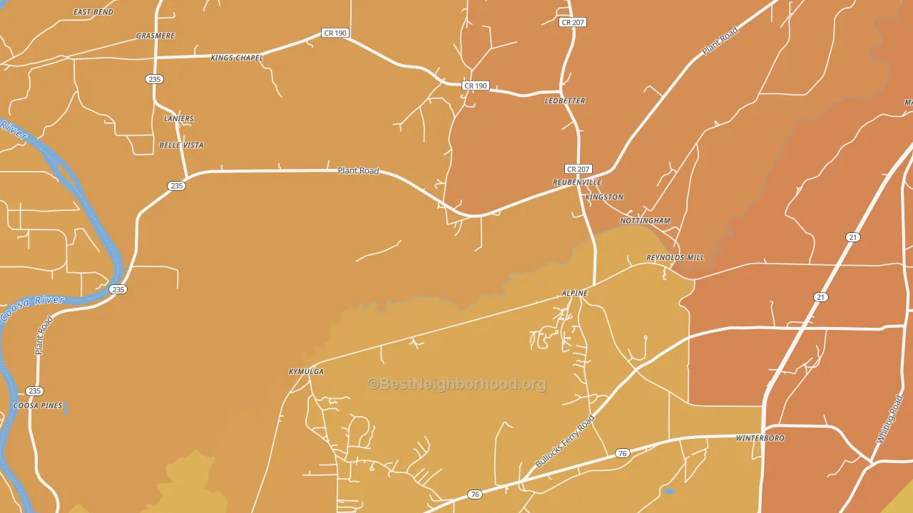 Map of the best neighborhoods in the 35014 area, with better matches in green and worse matches in red