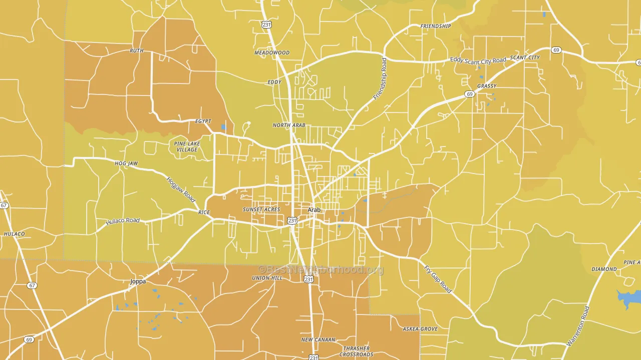 Map of the best neighborhoods in the 35016 area, with better matches in green and worse matches in red