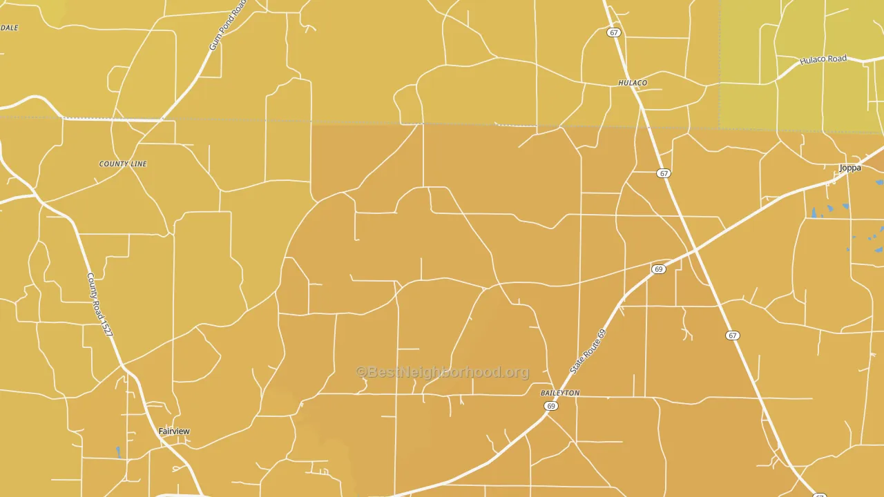 Map of the best neighborhoods in the 35019 area, with better matches in green and worse matches in red