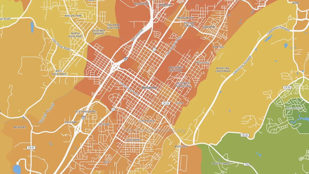 Map of the best neighborhoods in the 35020 area, with better matches in green and worse matches in red