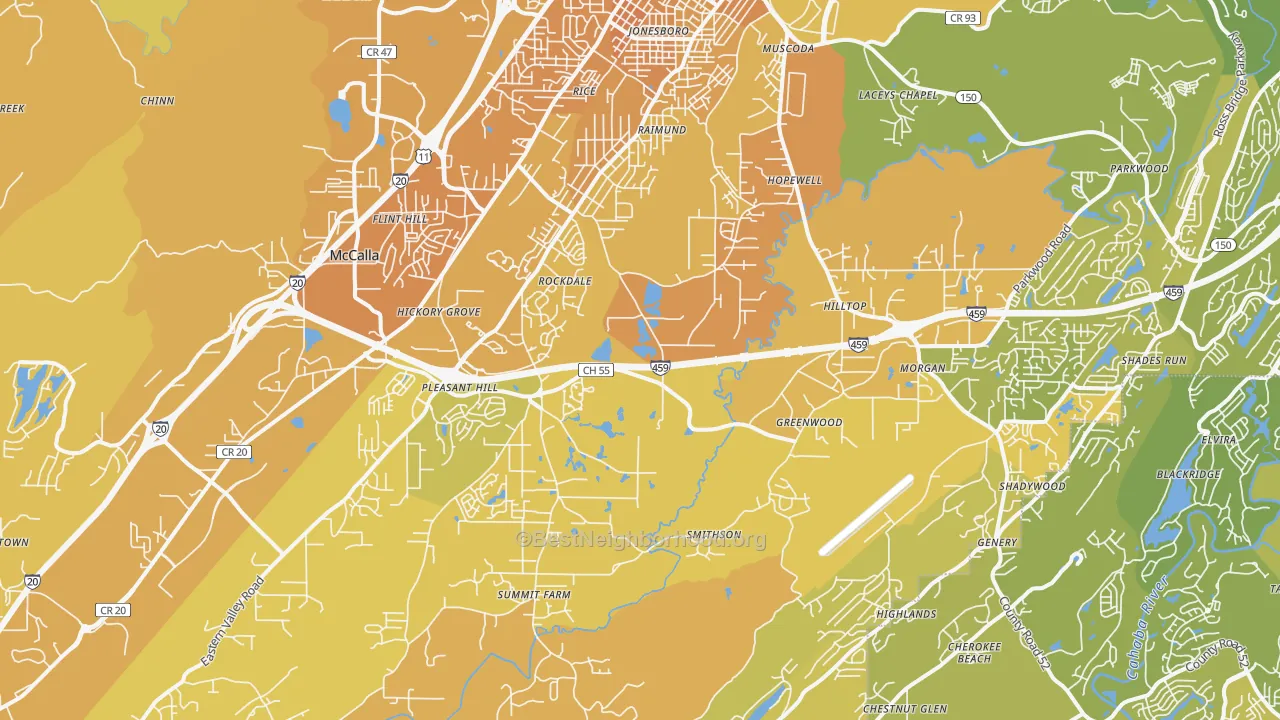 Map of the best neighborhoods in the 35022 area, with better matches in green and worse matches in red