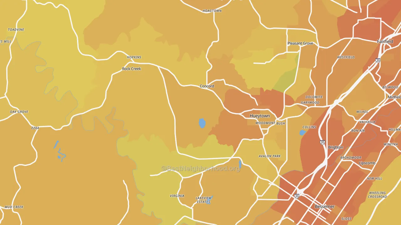 Map of the best neighborhoods in the 35023 area, with better matches in green and worse matches in red