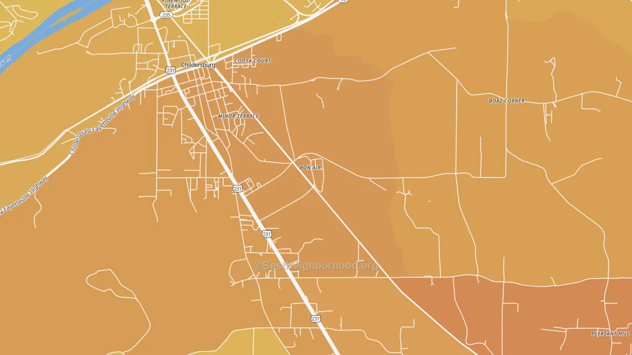 Map of the best neighborhoods in the 35032 area, with better matches in green and worse matches in red