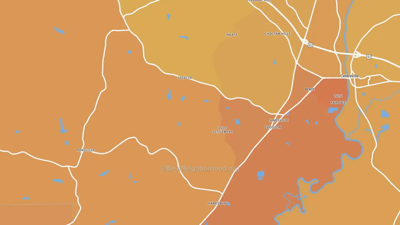 Map of the best neighborhoods in the 35034 area, with better matches in green and worse matches in red