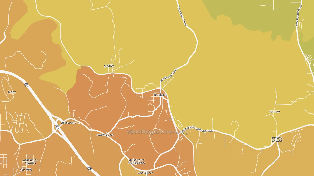 Map of the best neighborhoods in the 35036 area, with better matches in green and worse matches in red
