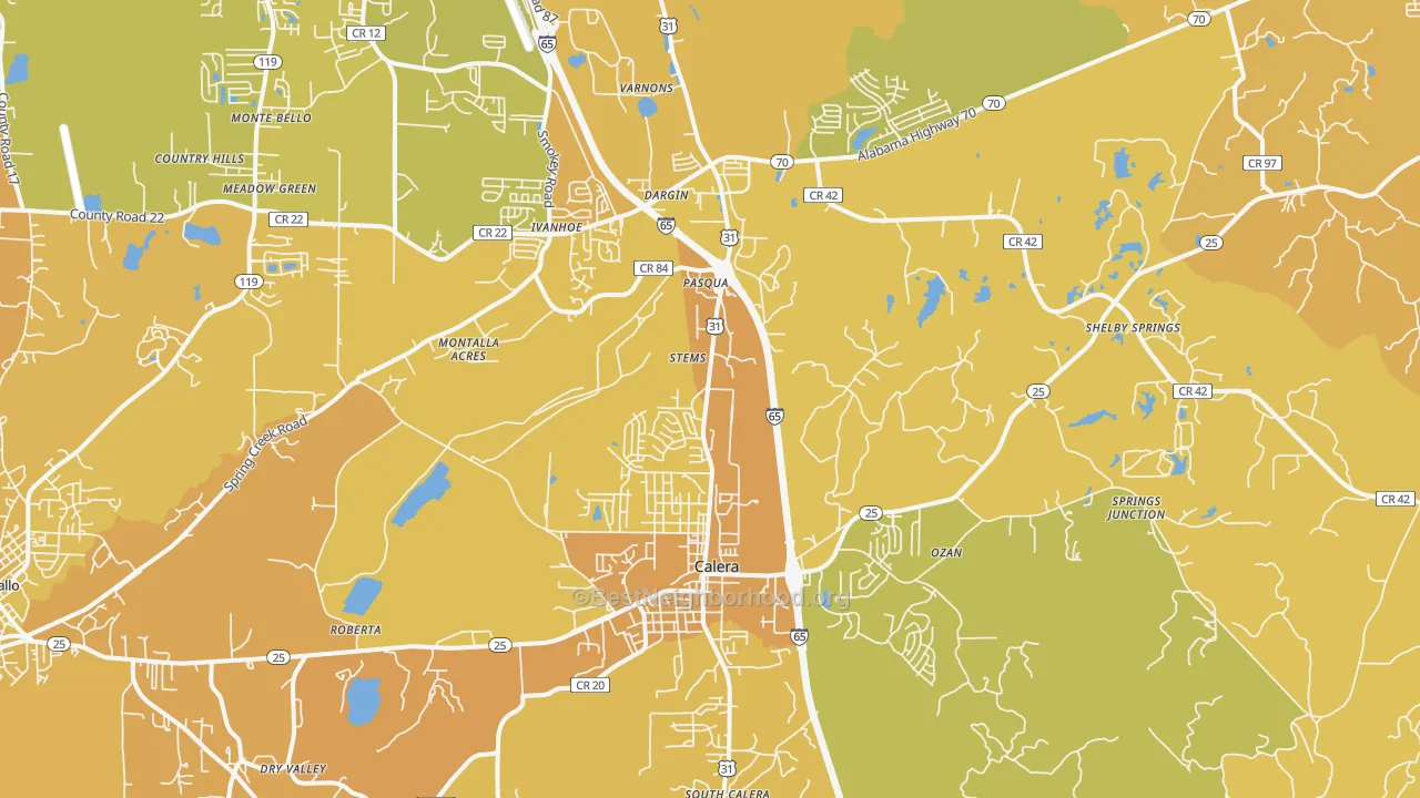 Map of the best neighborhoods in the 35040 area, with better matches in green and worse matches in red