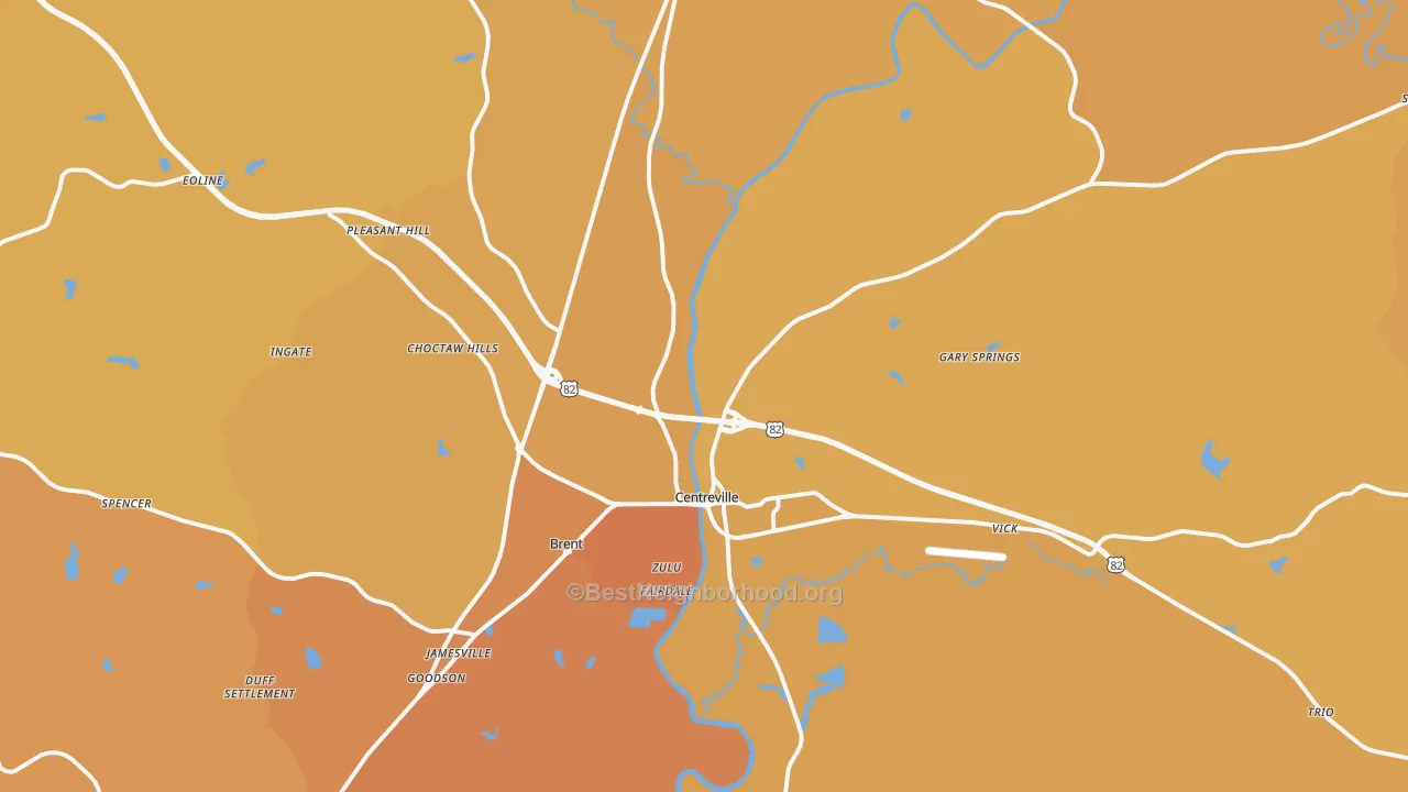 Map of the best neighborhoods in the 35042 area, with better matches in green and worse matches in red