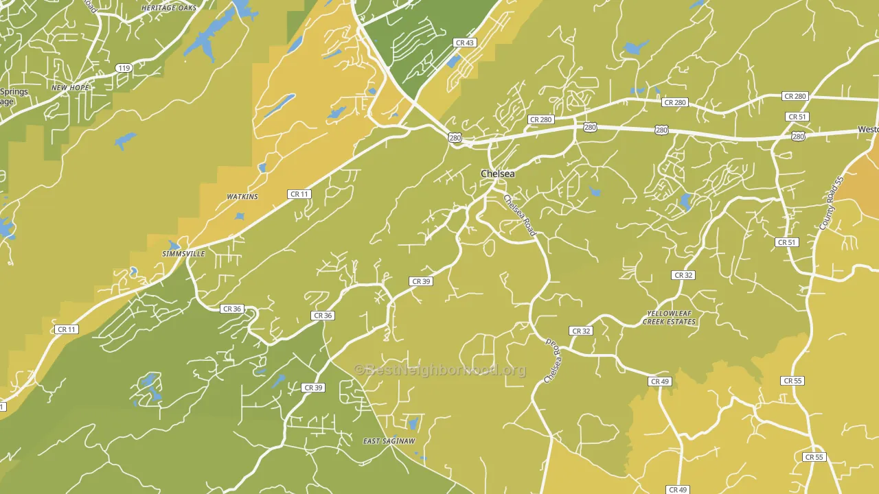 Map of the best neighborhoods in the 35043 area, with better matches in green and worse matches in red