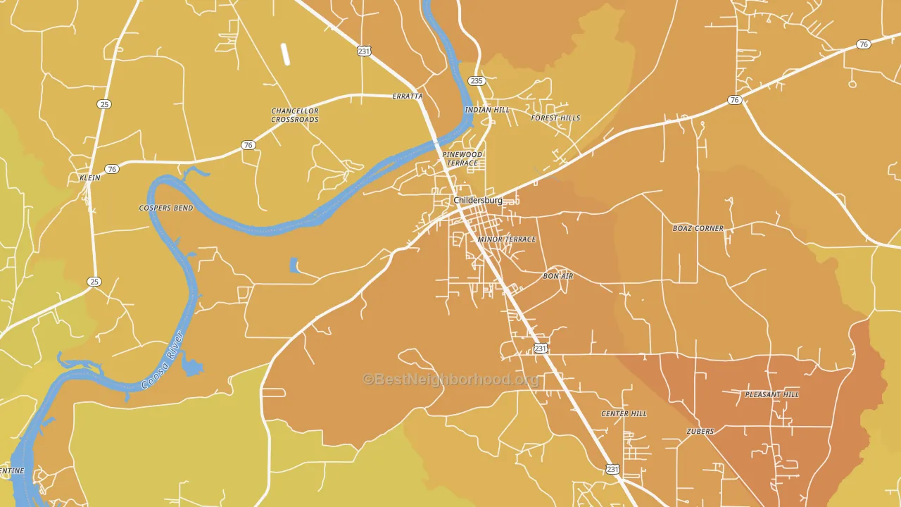 Map of the best neighborhoods in the 35044 area, with better matches in green and worse matches in red