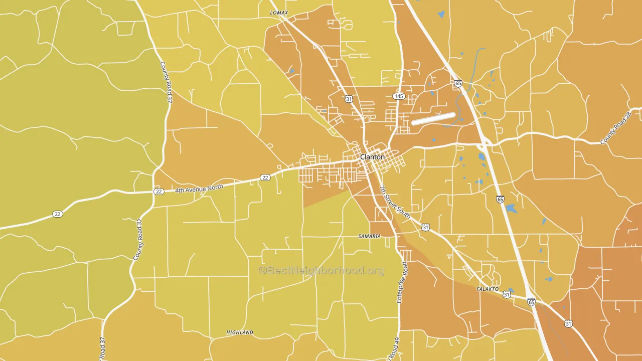 Map of the best neighborhoods in the 35045 area, with better matches in green and worse matches in red